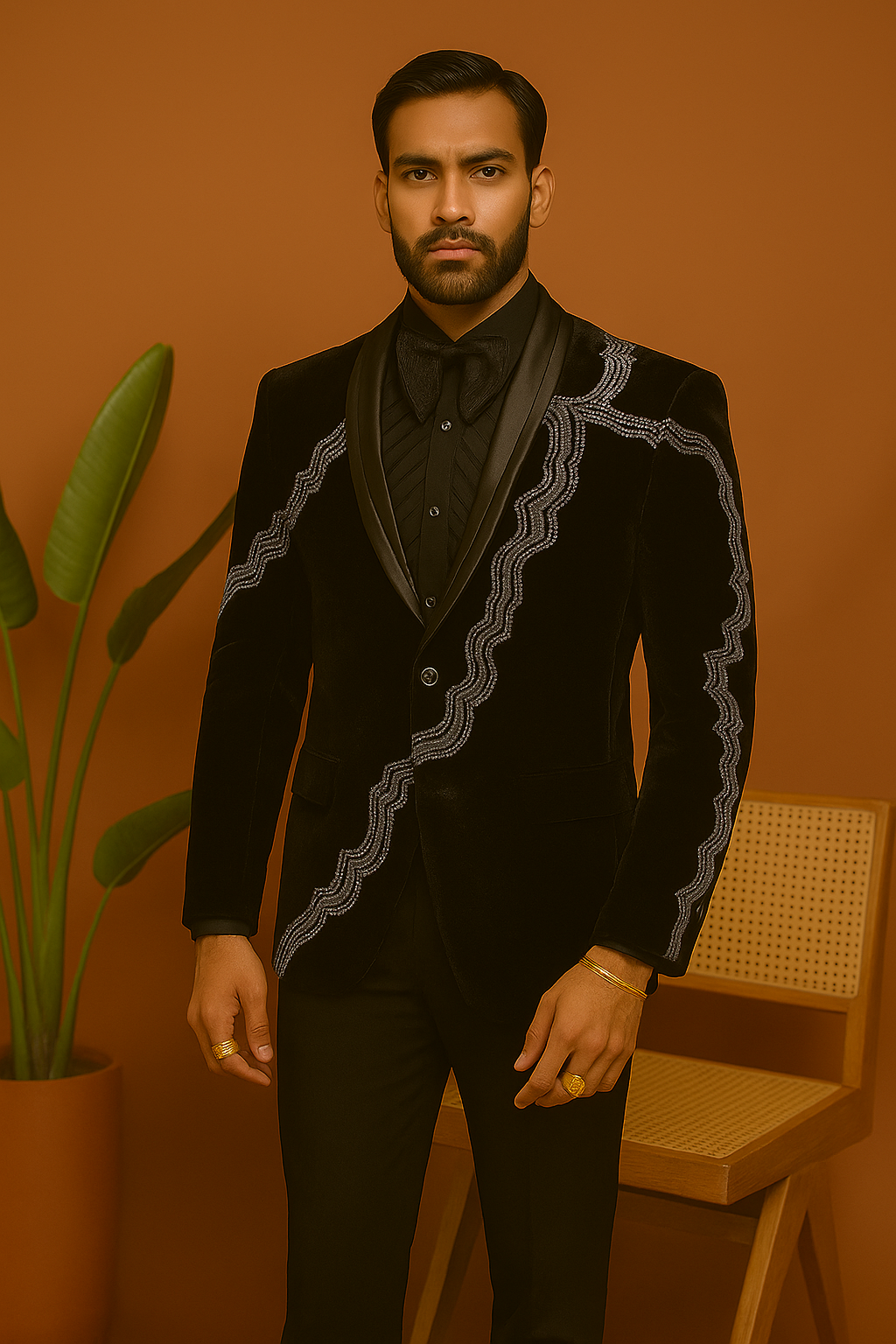 A photograph of a man in a stylish tuxedo, emphasizing the quality of the velvet fabric and the overall craftsmanship.

