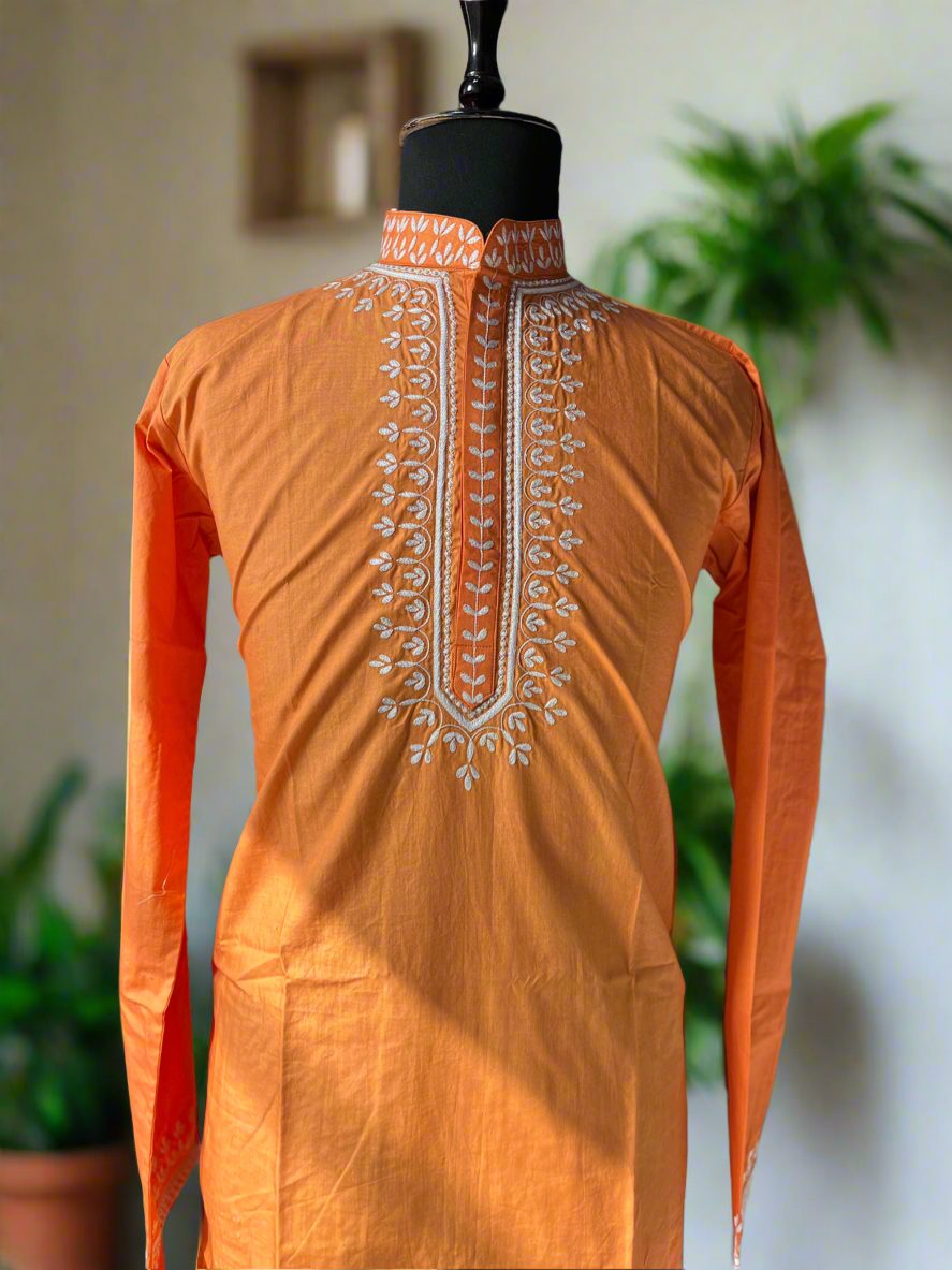 Lightweight Men's Orange Kurta Set in Cotton Fabric for Festive Wear