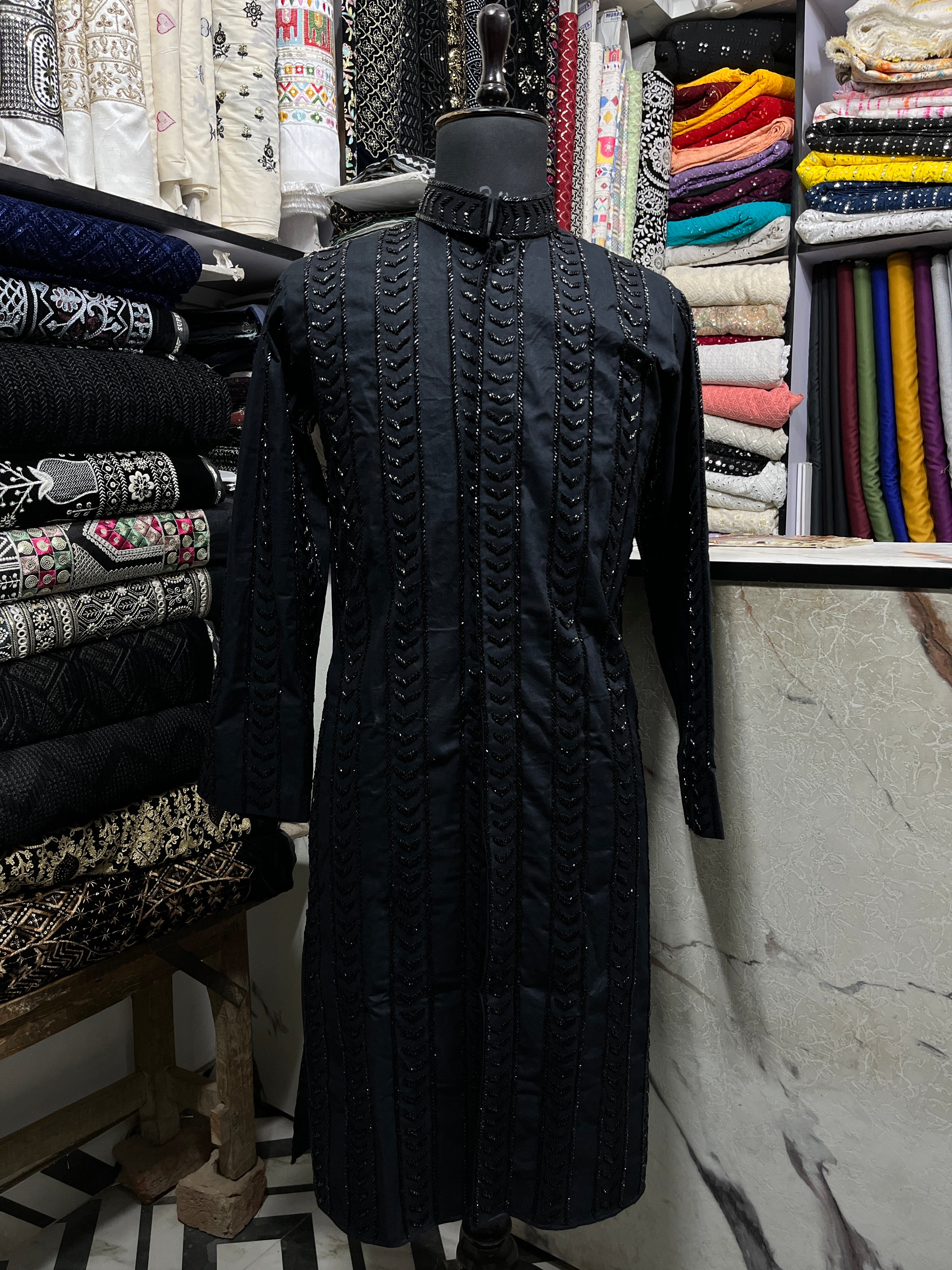 Men's Black  Handcrafted Cut Dana Work Sherwani Pattern Kurta Set