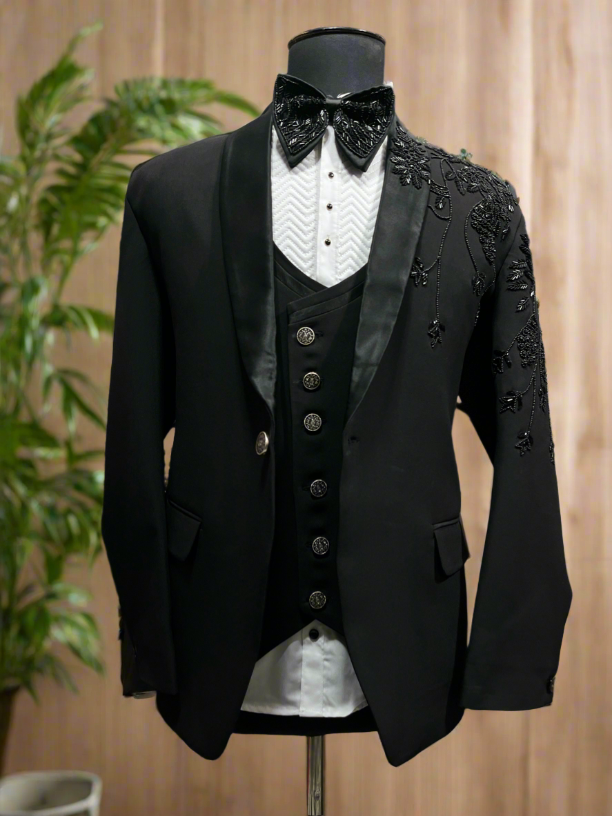 Men's Black Shawl Lapel Tuxedo with Handcrafted Embellishments By KPH Outfits