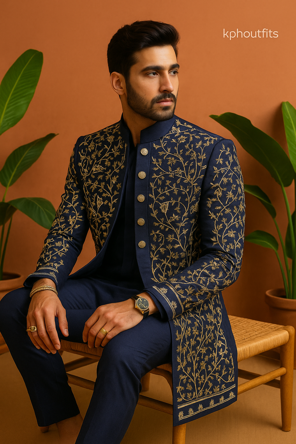 Men's Navy Blue Handcrafted Sangeet Special Indo-Western Set - KPH Outfits