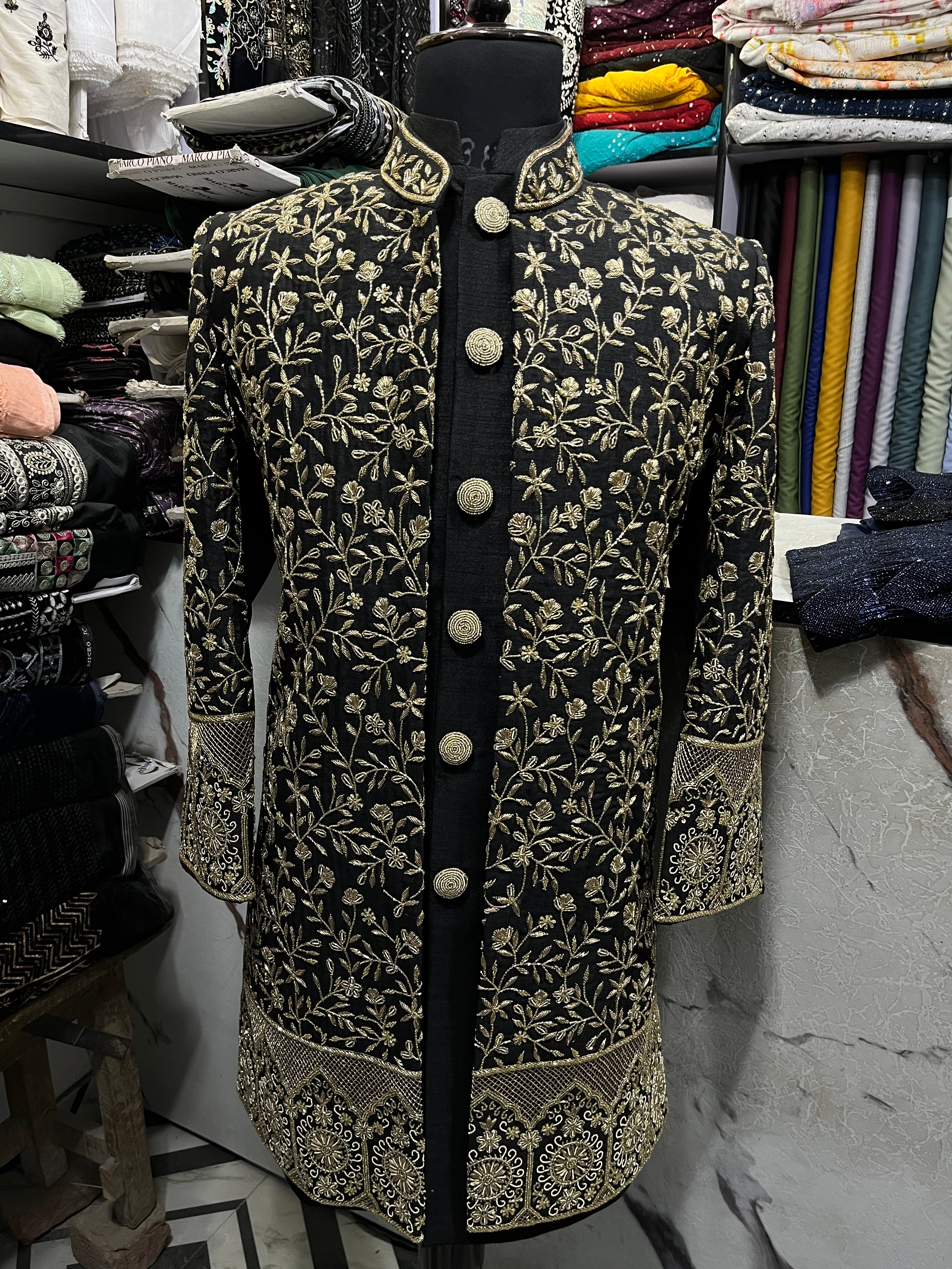 Men's Black Handcrafted Zardozi Work Silk Indo-western Set