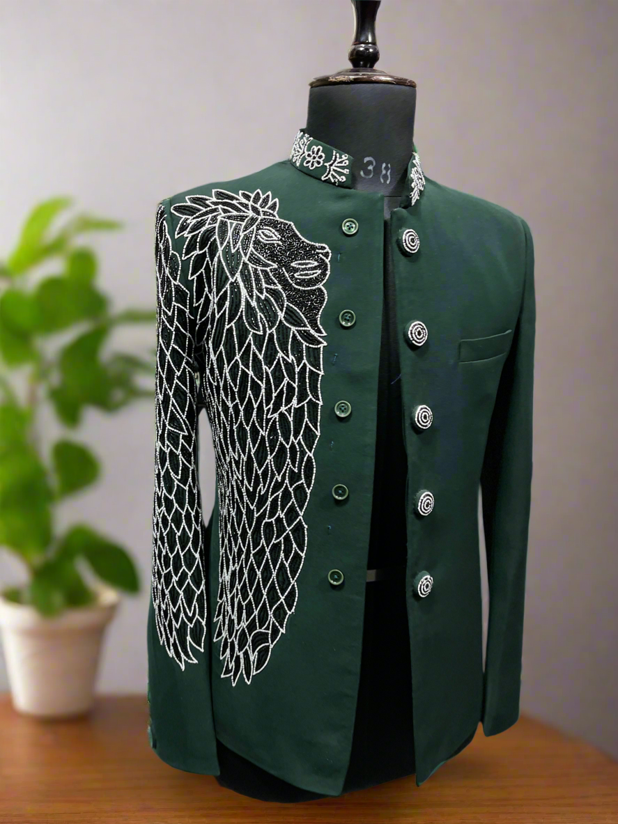 Elegant Green Bandhgala Suit with Intricate Embroidery