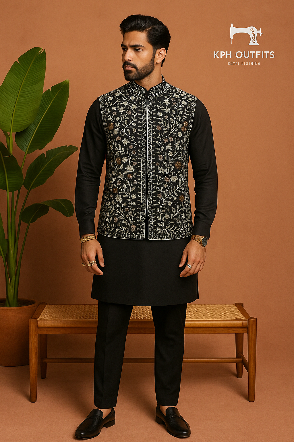 Men's Black Handcrafted Nehru Jacket Set with Mixed Work – Premium Ethnic Wear by KPH Outfits