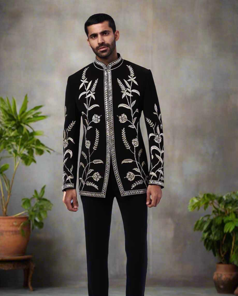 Men's black Bandhgala suit with leaf embroidery
