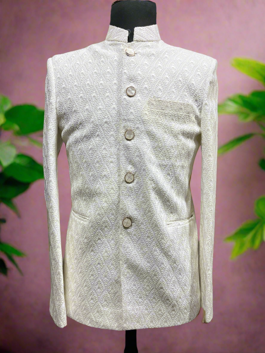 Elegant 1-Button White Georgette Bandhgala Suit with Zipper Pants