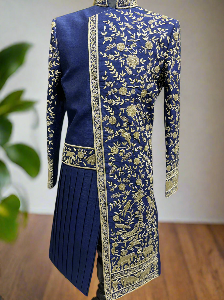Men's Blue Handcrafted Golden Zardozi Draped Indo-Western Set – Elegance Redefined