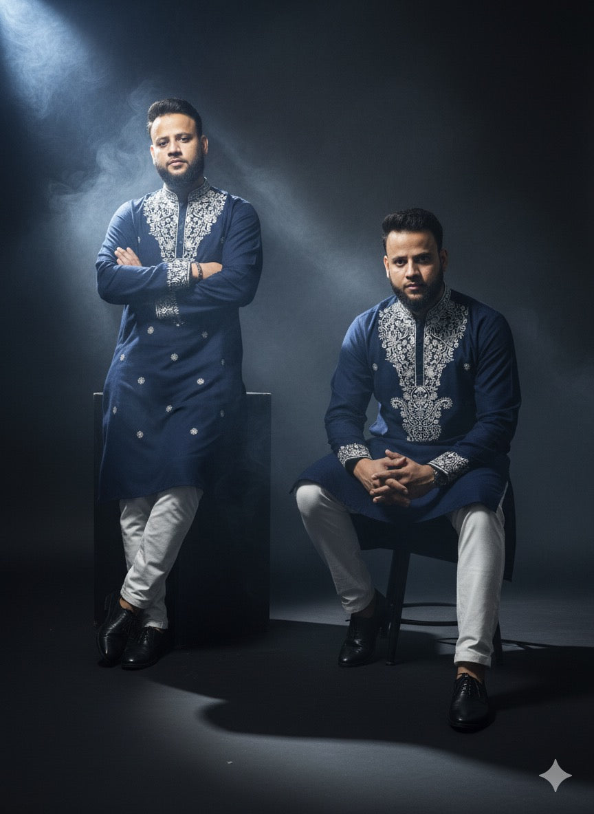 Navy blue embroidered kurta set with white thread work – KPH Outfits