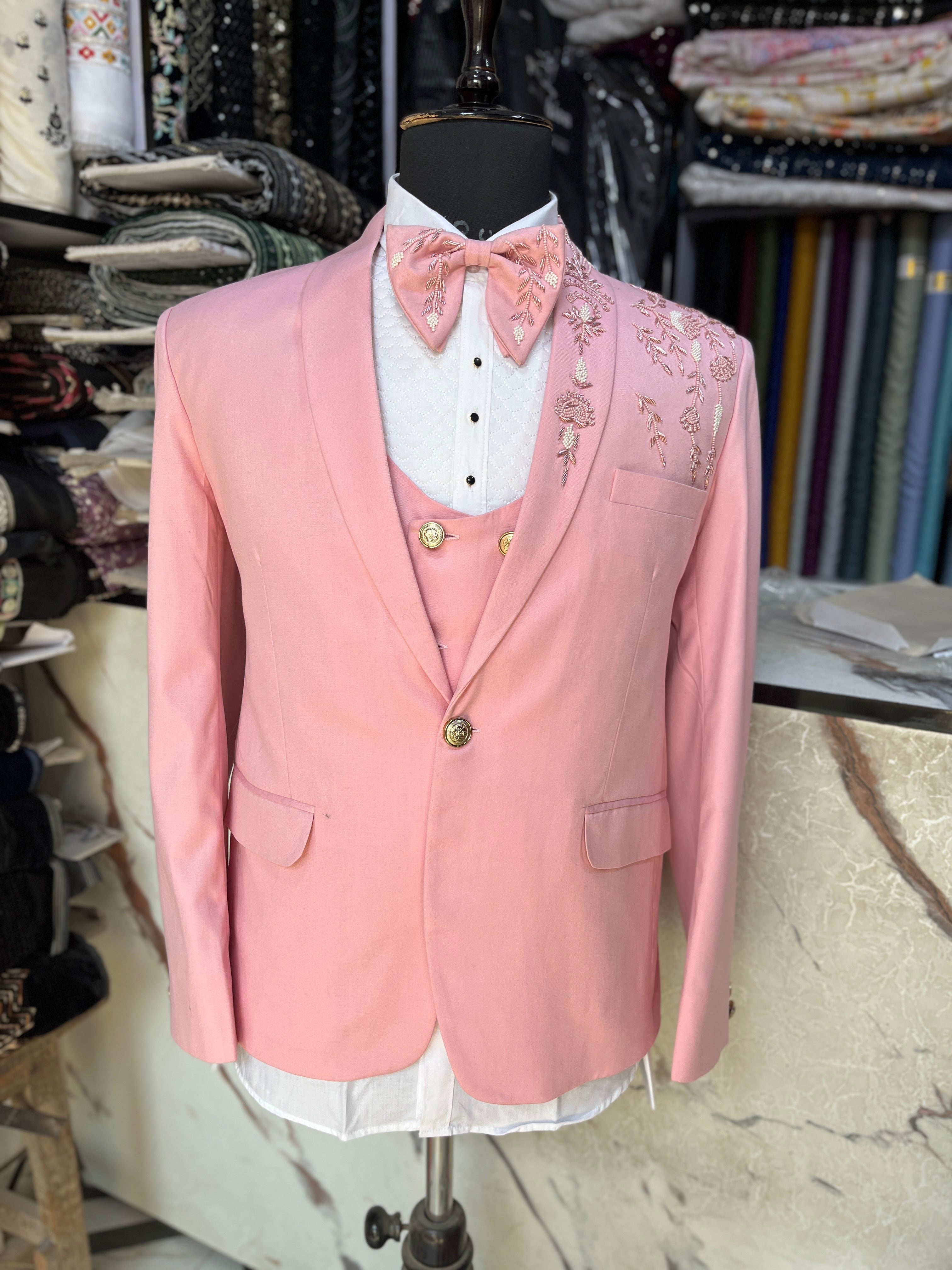 Men's Pink Handcrafted Zardozi Work Shawl Lapel Tuxedo Suit