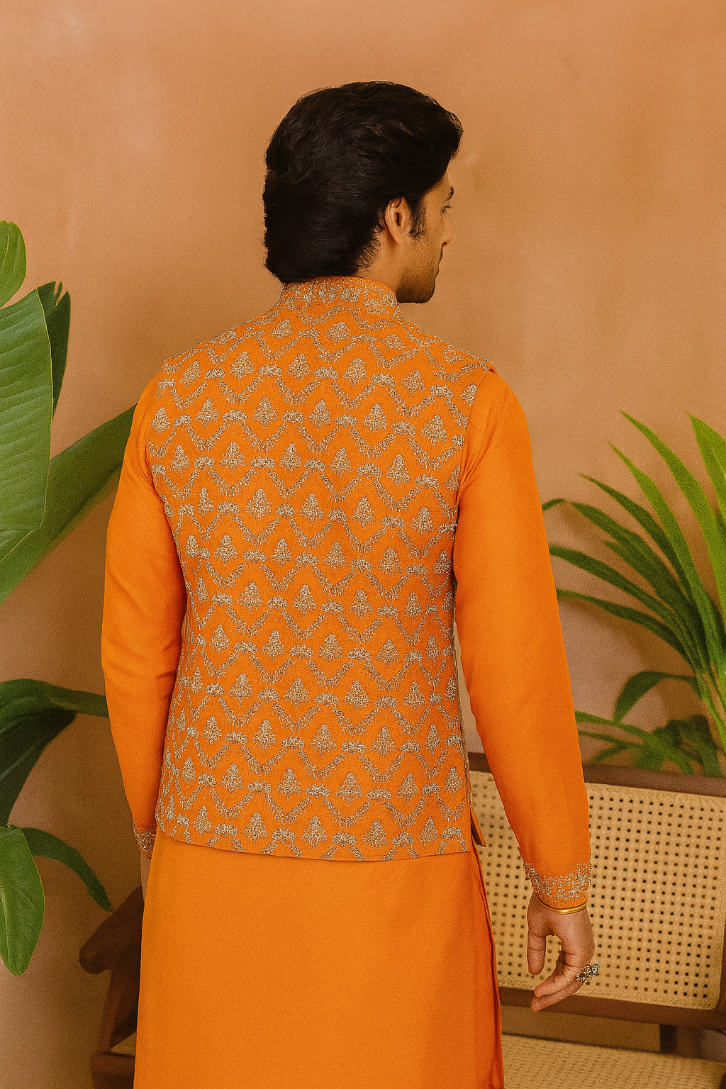 A photograph of a man in a stylish kurta set, highlighting the quality of the fabric and the unique design.

