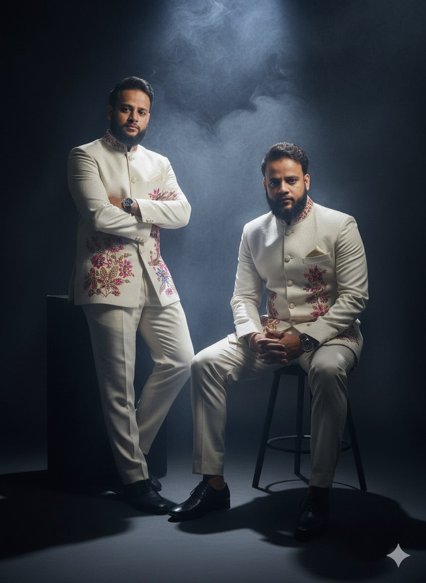 Ivory Bandhgala suit in twill fabric with vibrant pink and green multi-color embroidery