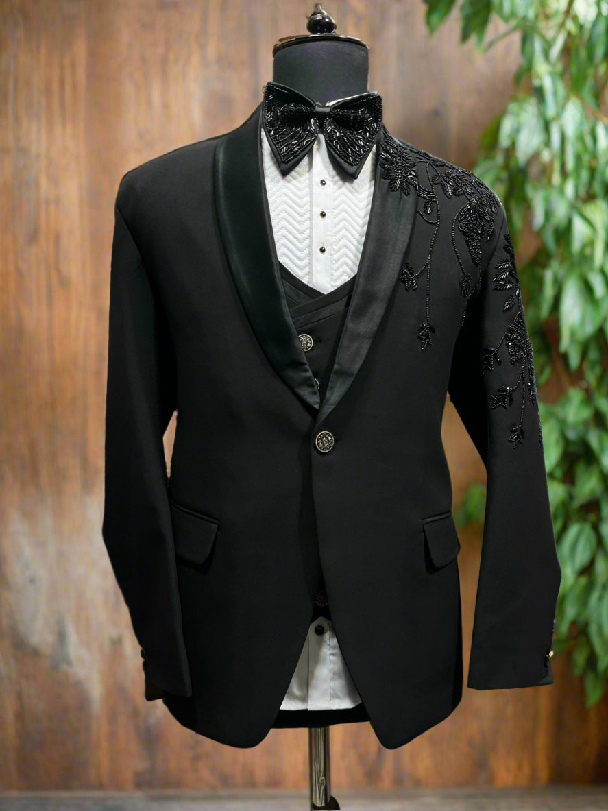 Men's Black Shawl Lapel Tuxedo with Handcrafted Embellishments By KPH Outfits