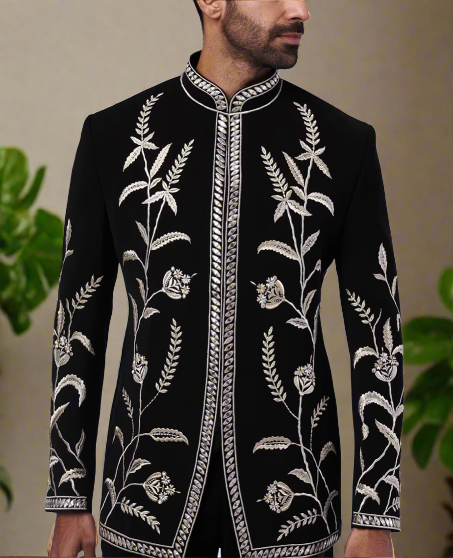 Black Bandhgala set by KPH Outfits with intricate threadwork
