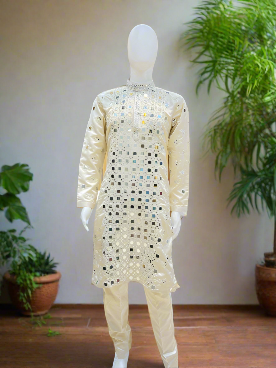 Elegant Men's Off-White Kurta Set with Real Mirror Detailing by KPH Outfits