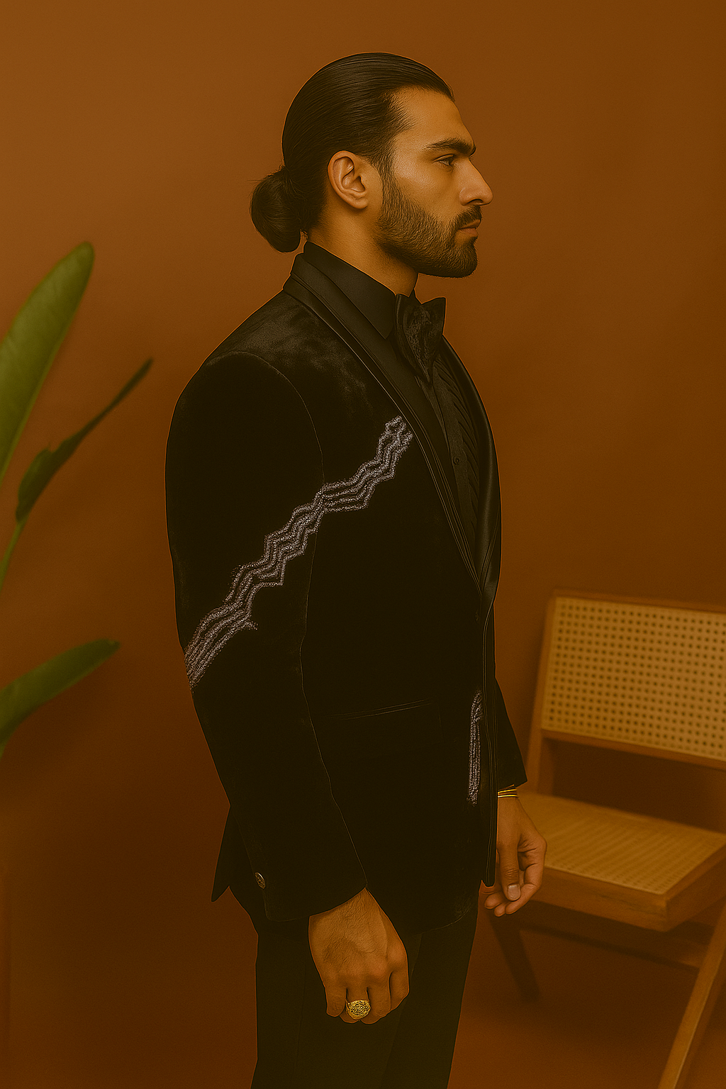 A photograph of a man in a stylish tuxedo, emphasizing the quality of the velvet fabric and the overall craftsmanship.

