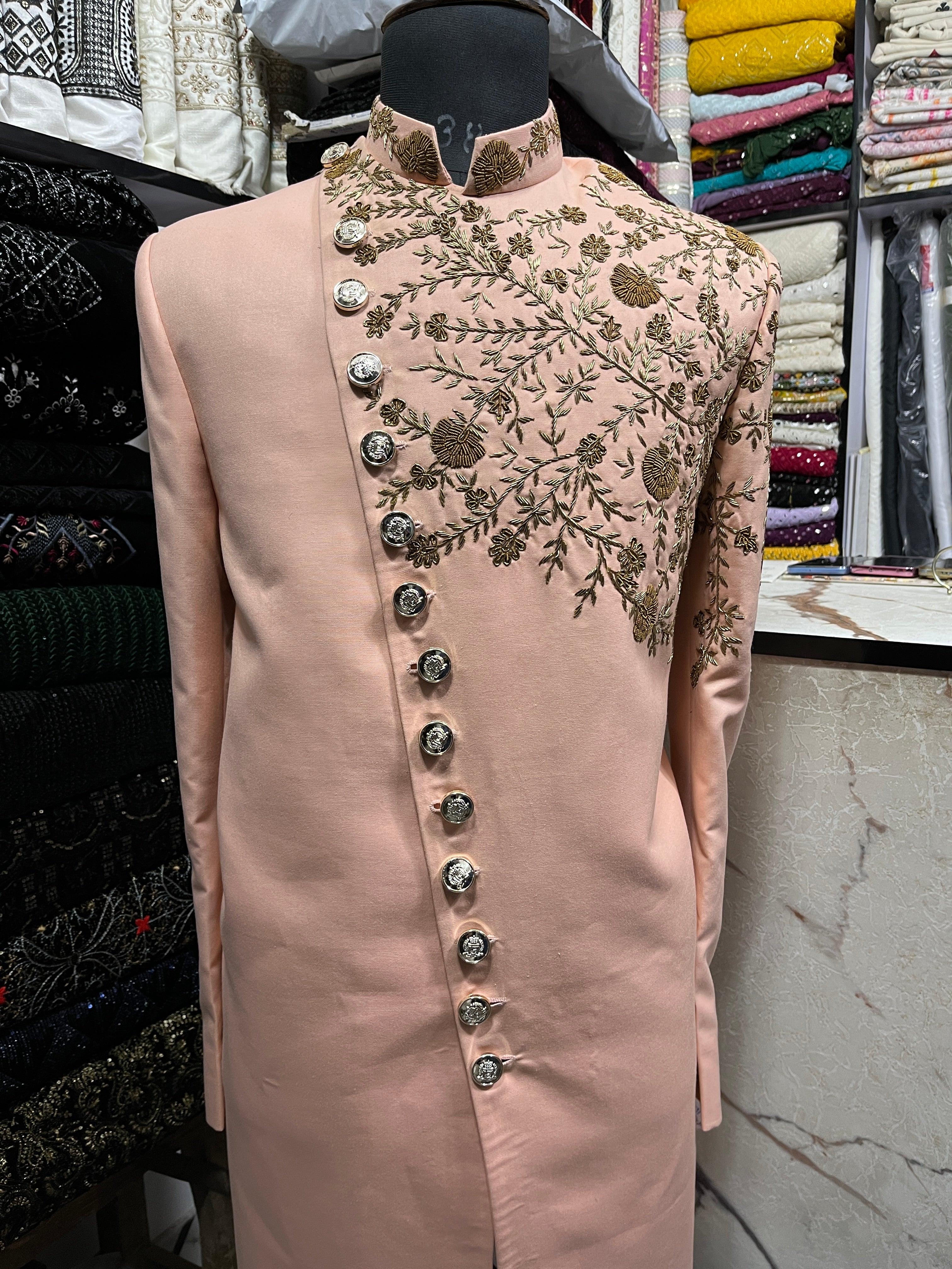 Men's Peach Handcrafted Zardozi Work Sherwani Set