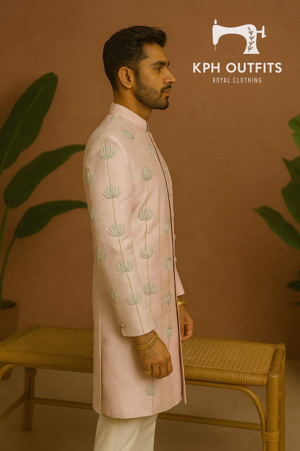 Men's Peach Handcrafted Cut Work Embellished Sherwani Set – Elegant Traditional Wear by KPH Outfits