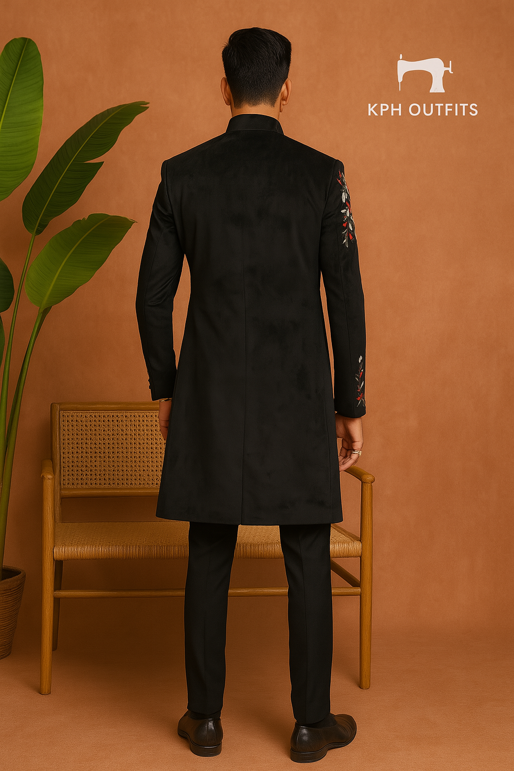 Men's Black Velvet Handcrafted Sherwani with Thread Embroidery – Timeless Groom Wear by KPH Outfits