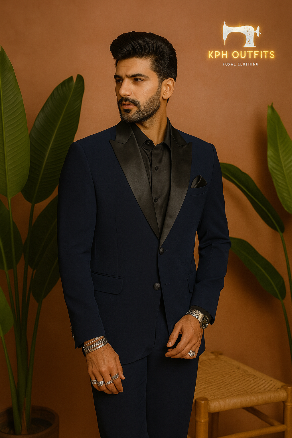 A photograph of a man in a stylish tuxedo, emphasizing the quality of the Japanese fabric and the classic design.

