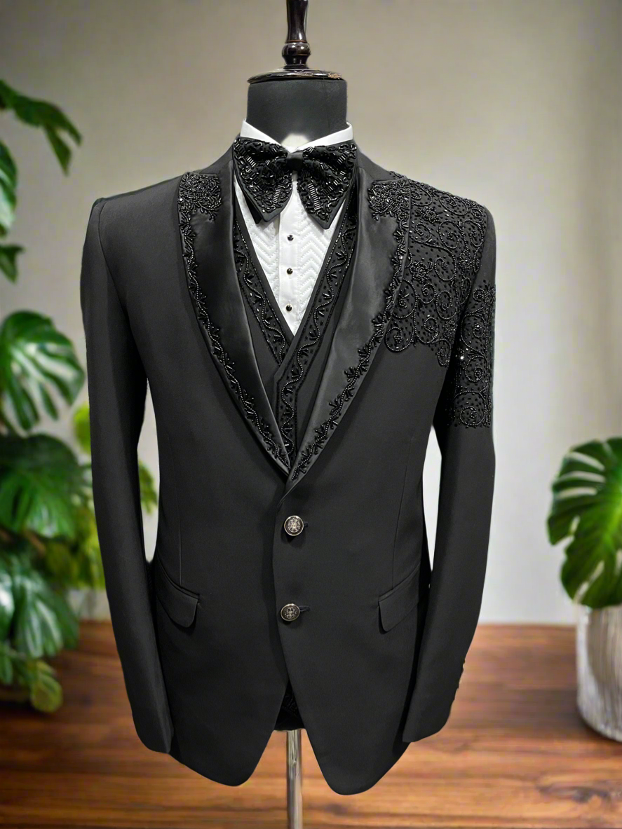 Men's Black Handcrafted Beads Work Tuxedo Suit – Premium Japanese Fabric & Custom Fit By KPH Outfits