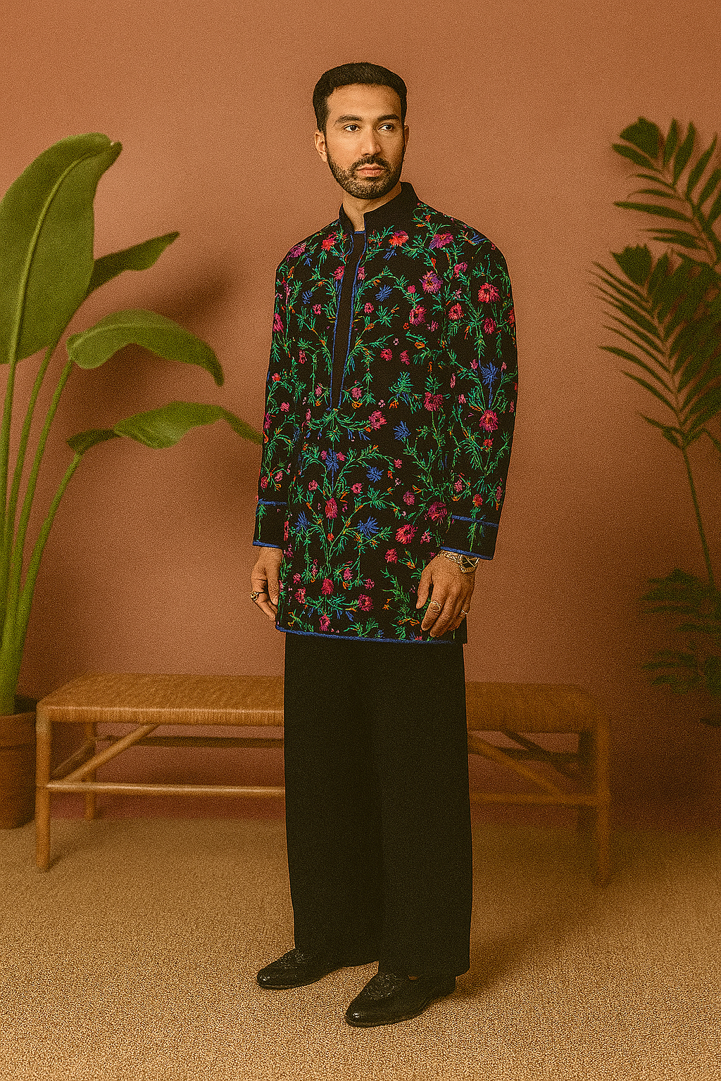 Black Multi Colour flowers Embroidery Kurta Set