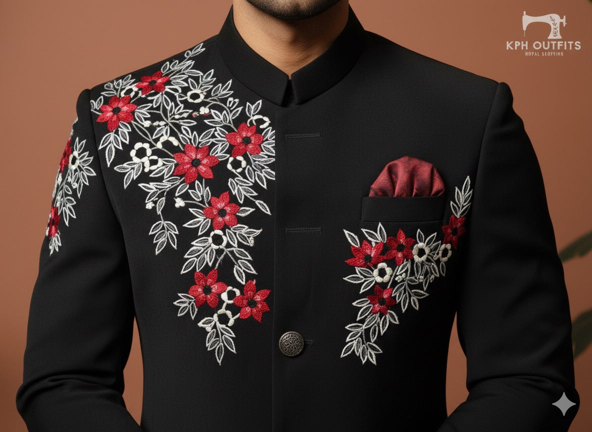 Designer groom Jodhpuri black suit with bold floral detailing – KPH Outfits