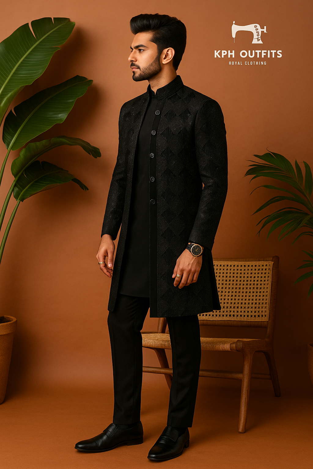 Men's Black Velvet Indo-Western Set with Gold Embroidery – Regal Groom Attire