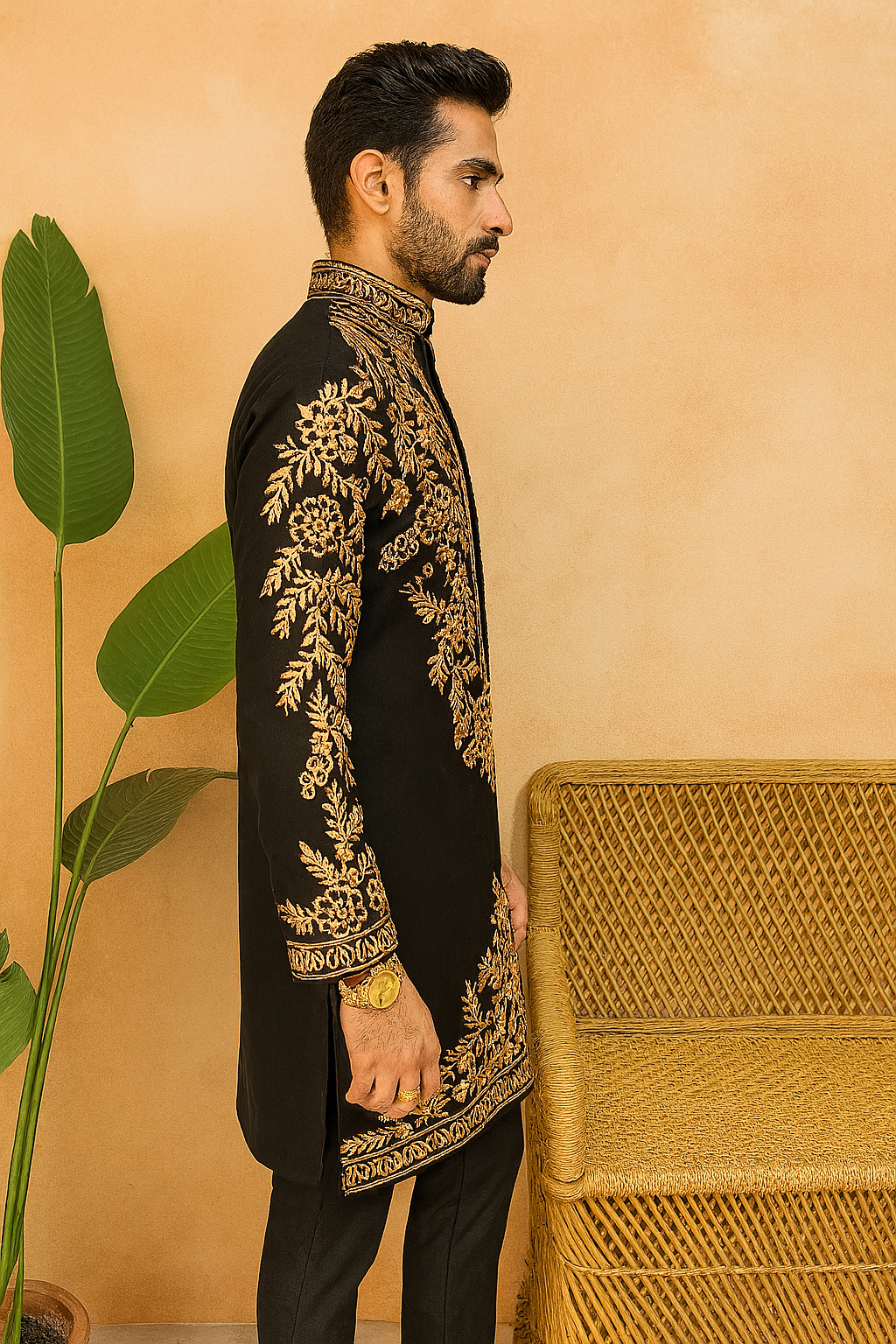 A photograph of a man in a stylish kurta, emphasizing the quality of the Japanese fabric and the unique design.

