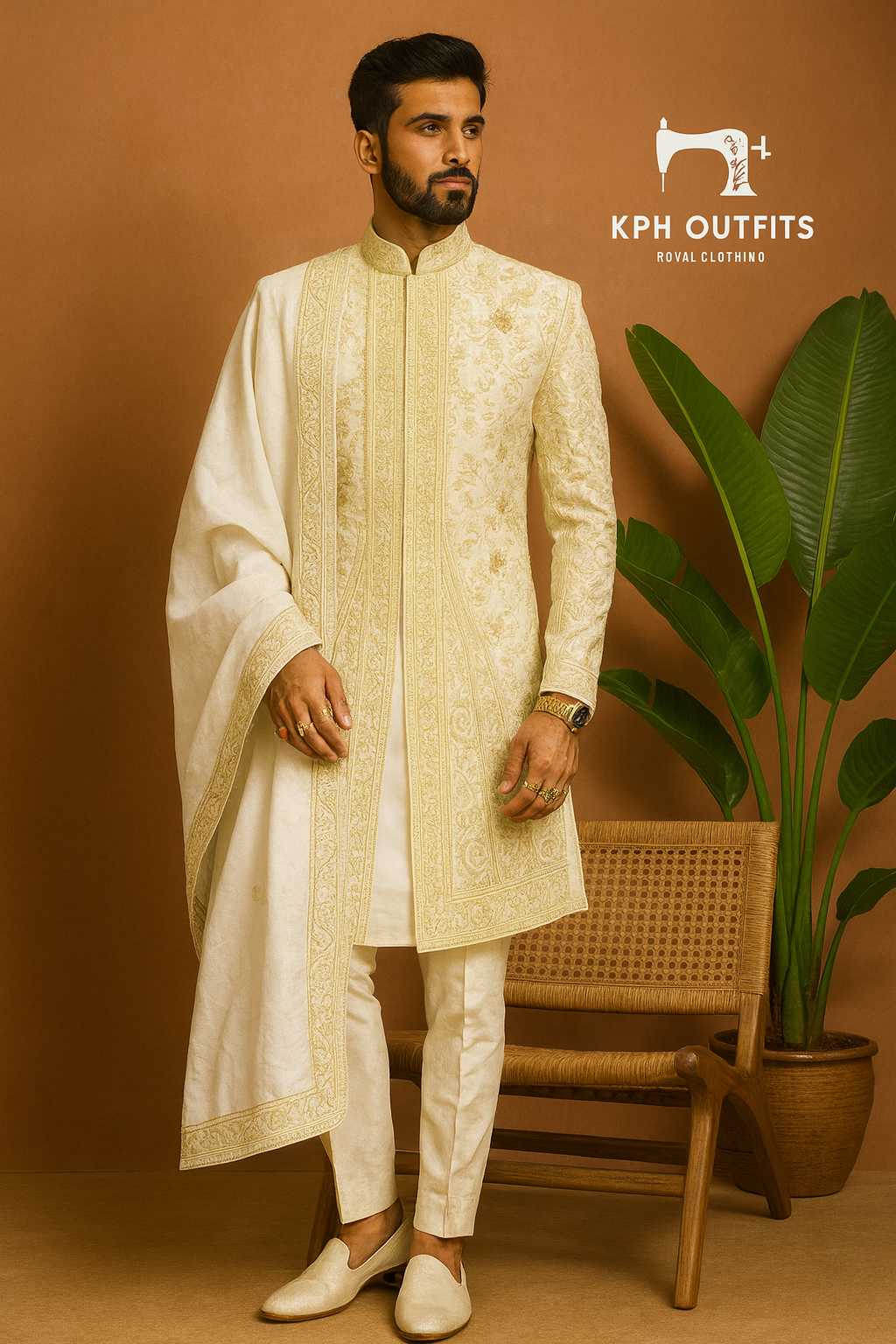 Men's Ivory Handcrafted Zardozi Work Sherwani Set – Luxurious Silk 3-Piece Ensemble – KPH Outfits
