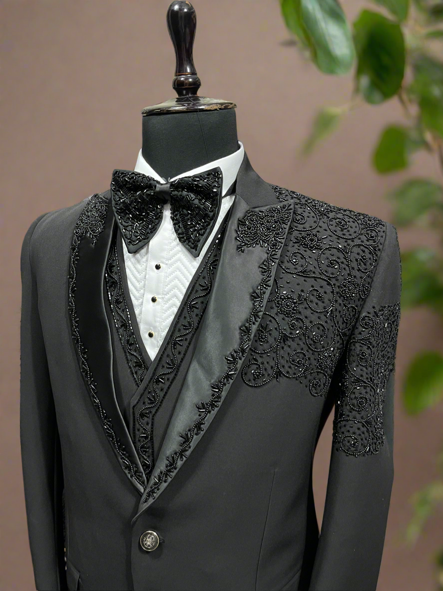 Men's Black Handcrafted Beads Work Tuxedo Suit – Premium Japanese Fabric & Custom Fit By KPH Outfits