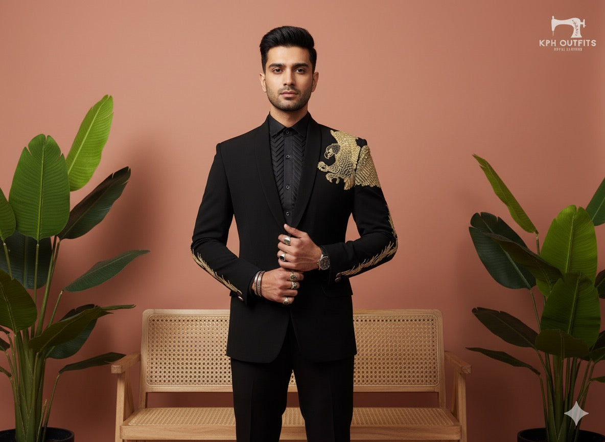 Black velvet tuxedo jacket with dramatic handcrafted golden eagle cut-work and sequins