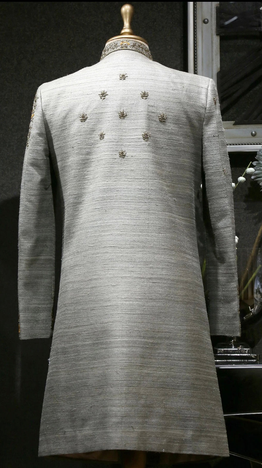 Men's Gray Handcrafted Silk Sherwani Set