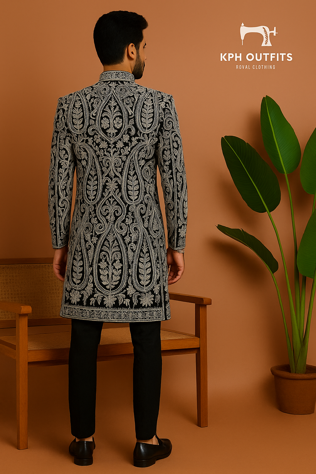 A man in a stylish black and white embellished Indo-Western set with an intricate patterned inside jacket. He is standing and posing confidently, with a plant in a pot visible behind him on the left.