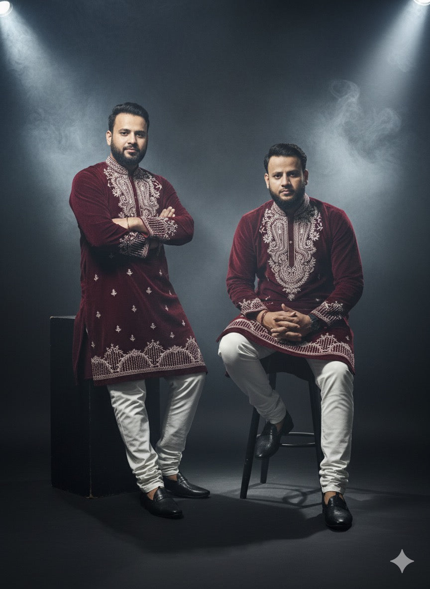 Maroon Velvet Kurta with Detailed White Embroidery - Kph Outfits