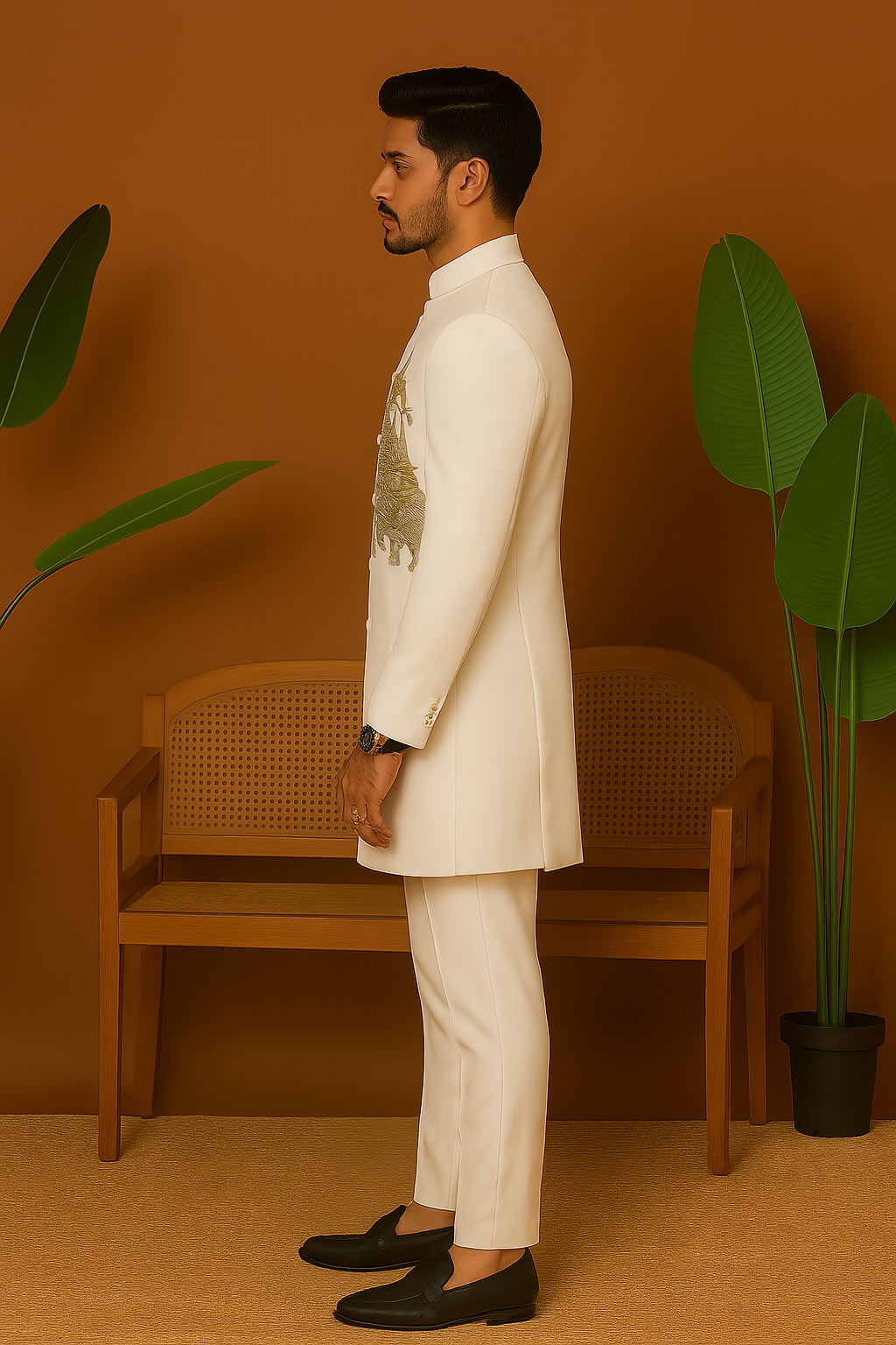 A full-body side view of the man in the Indo-Western set, showing the fit and flow of the outfit.

