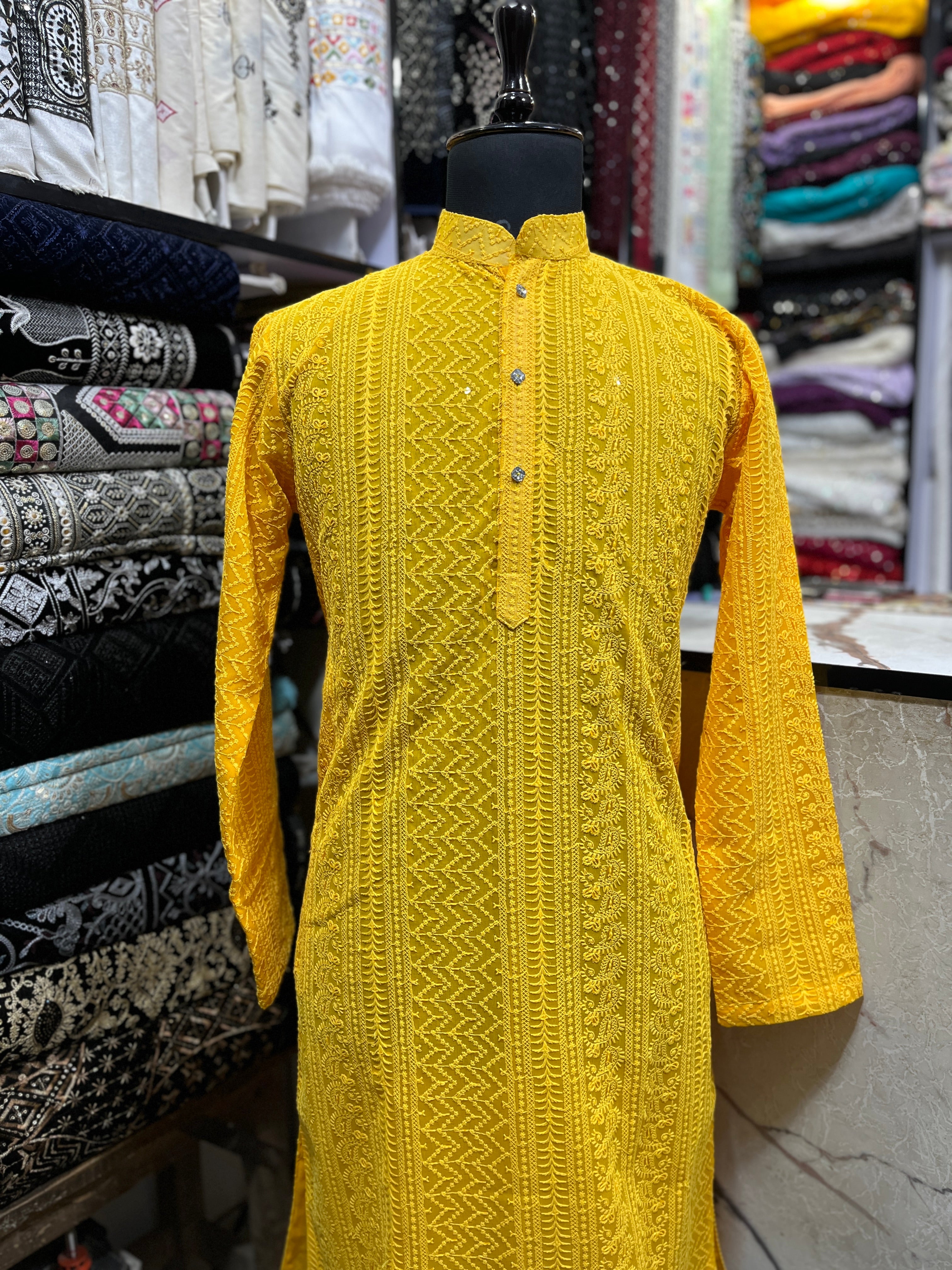 Men's Yellow Lakhnavi Haldi Special kurta Set