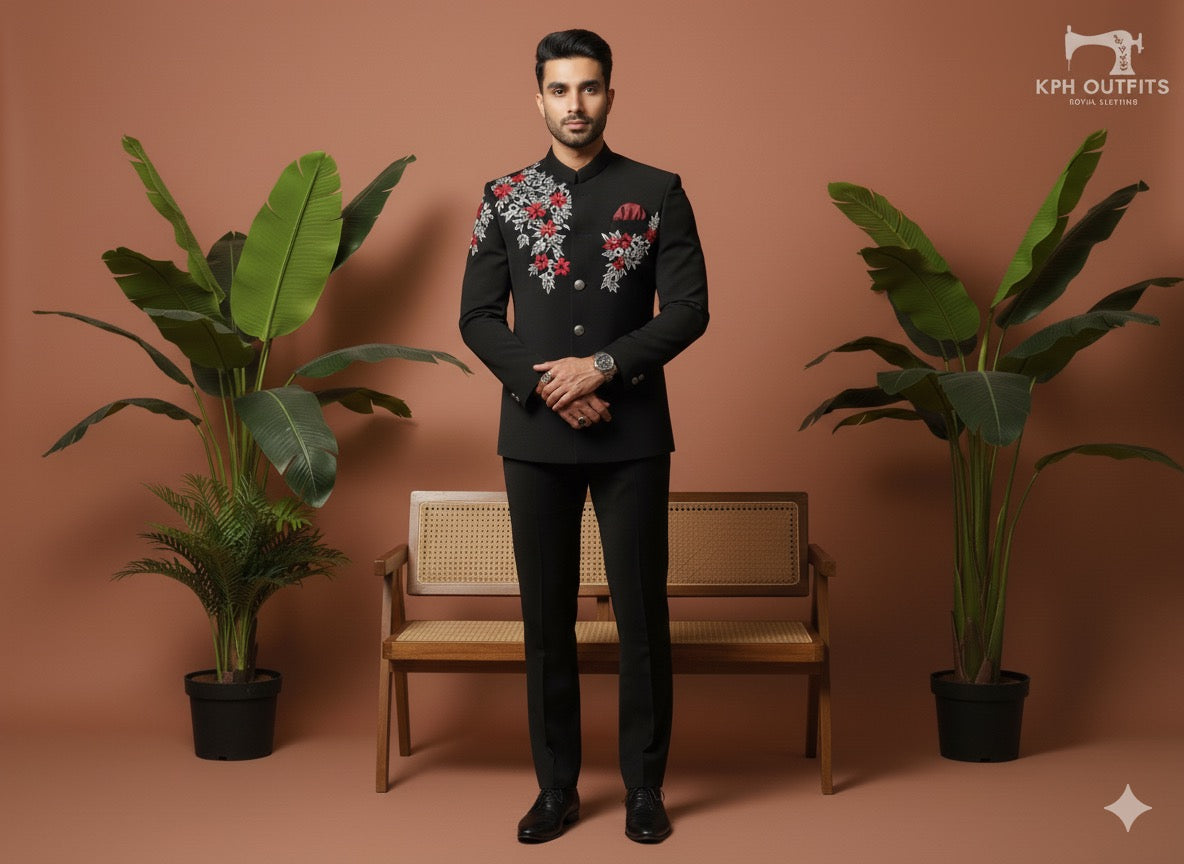 Luxury black embroidered Jodhpuri set with pocket square – KPH Outfits