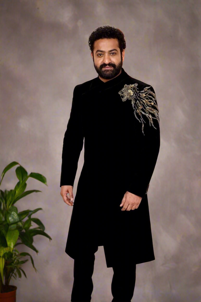 Men's Black Handcrafted Zardozi Work Junior NTR Stylish Indo-Western Set - KPH Outfits