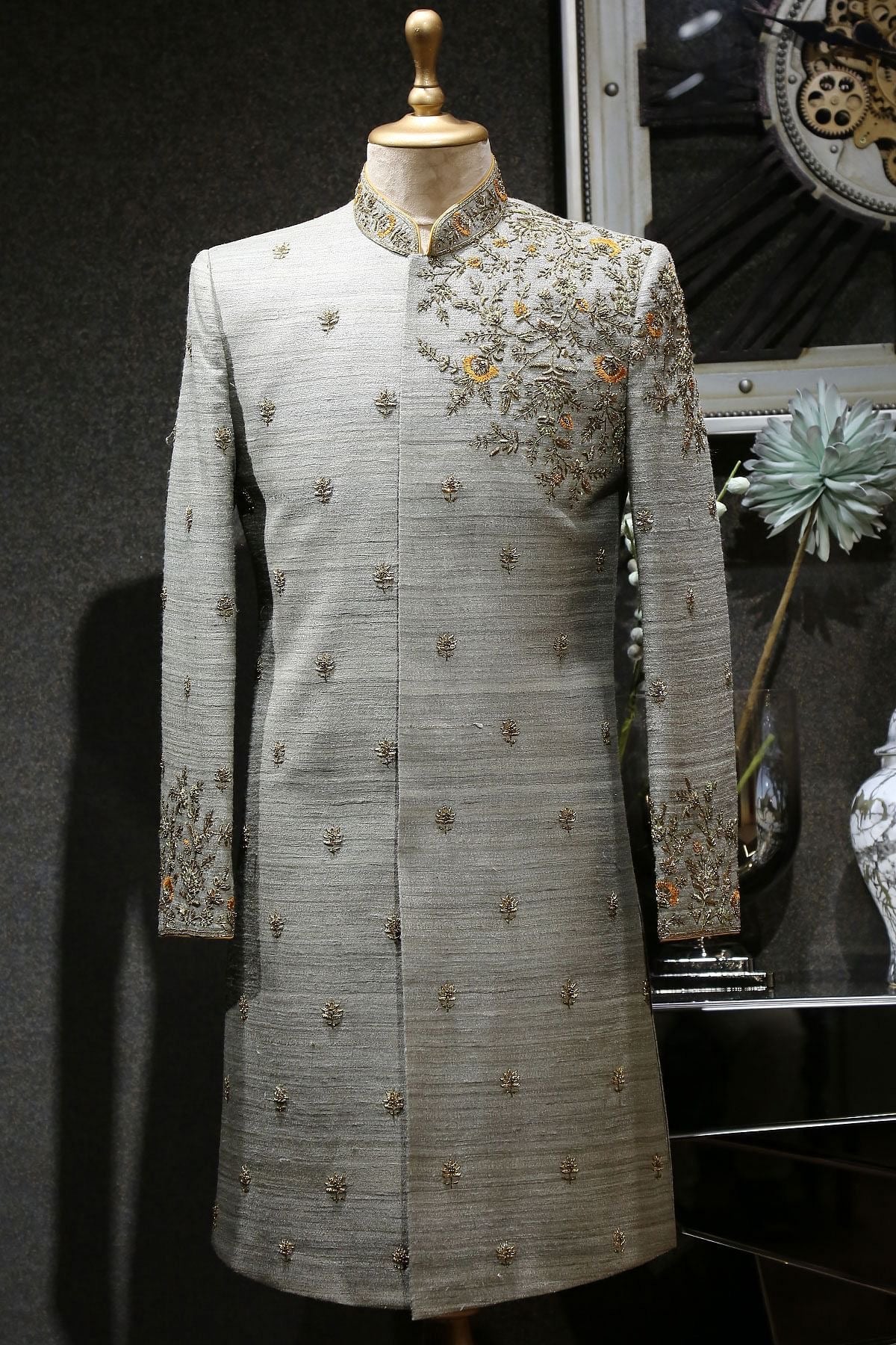 Men's Gray Handcrafted Silk Sherwani Set