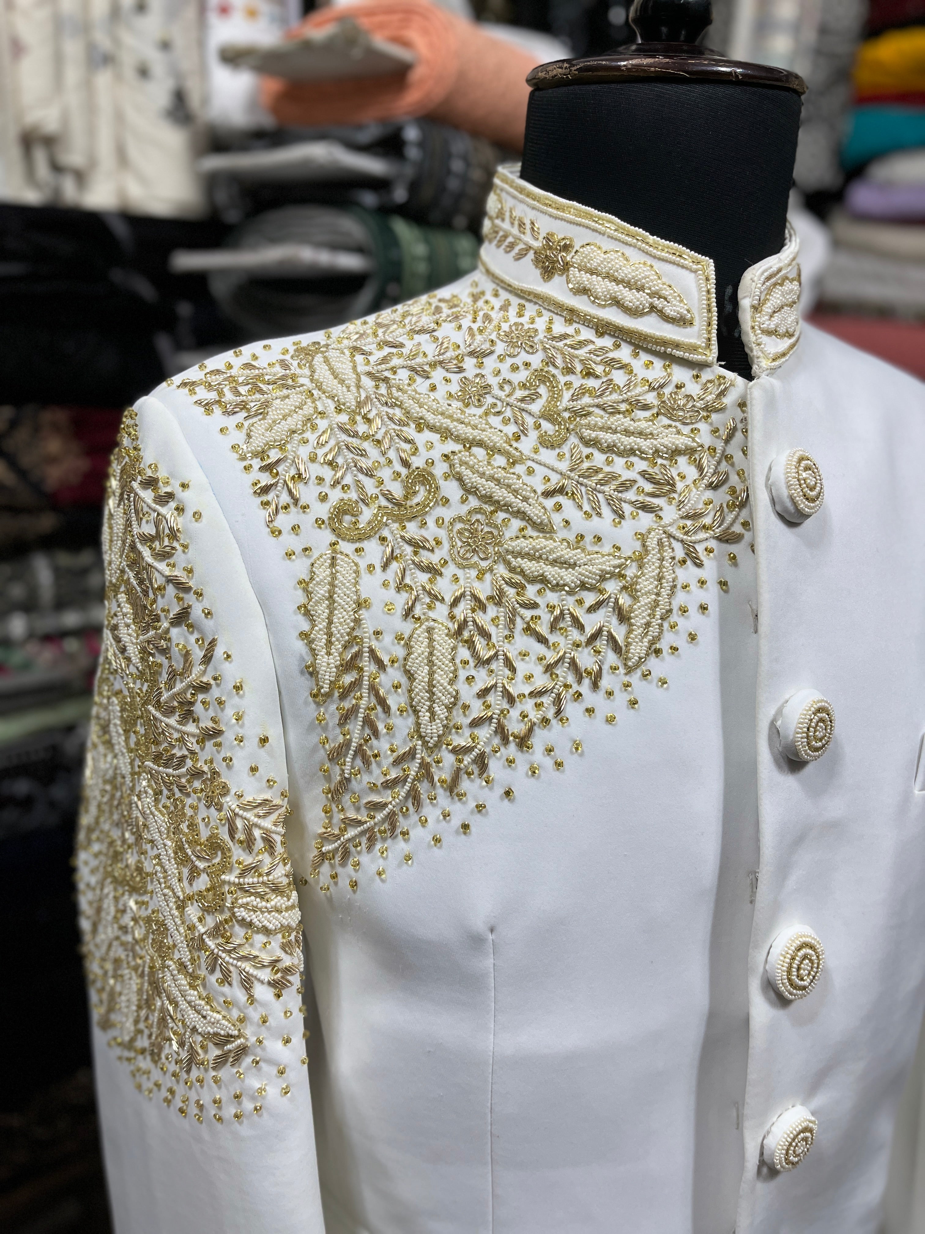 Men's Ivory Handcrafted Zardozi & Beads Work Bandhgala Suit