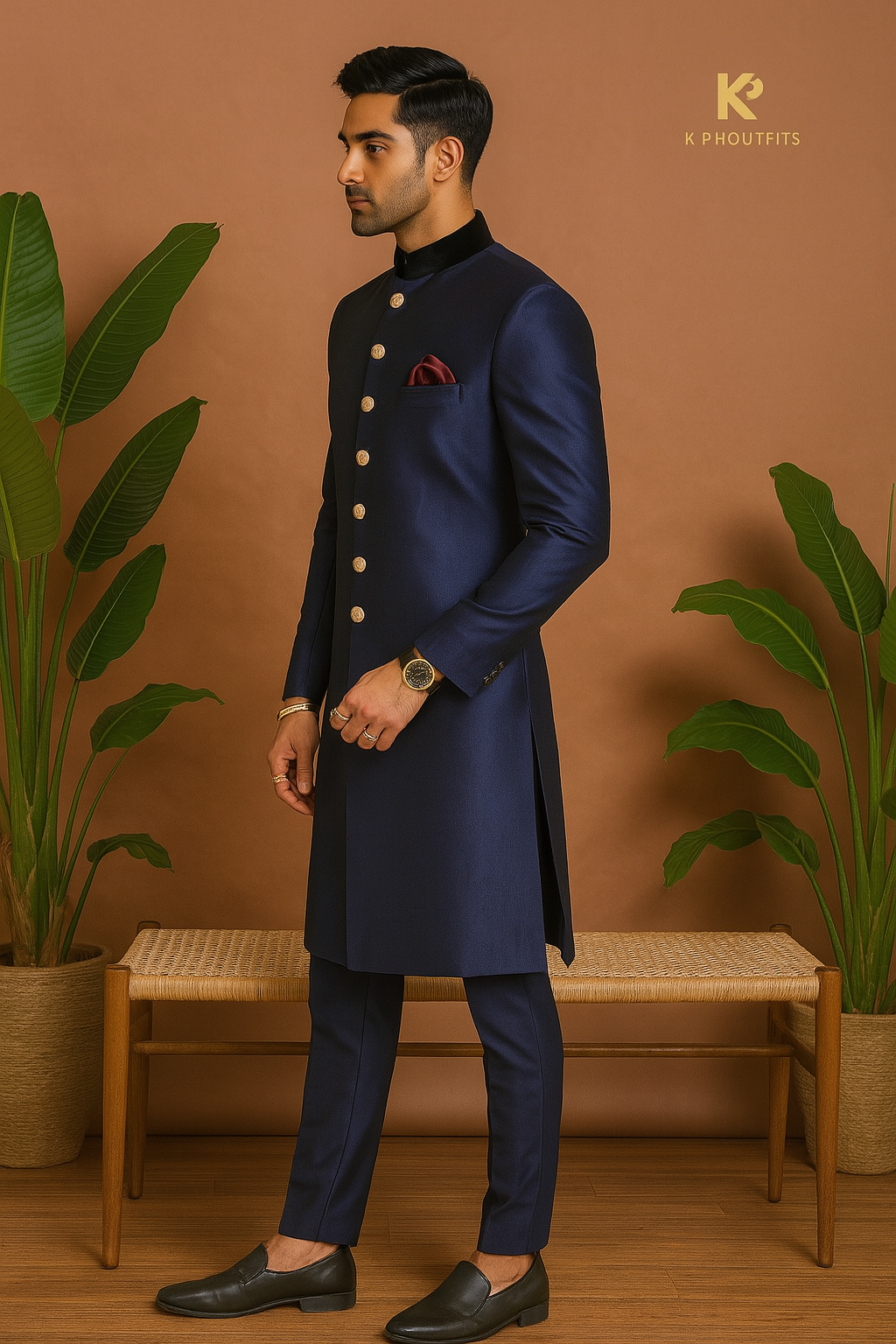 SRK Inspired Stylish Navy Blue Royal Sherwani Set - Bollywood Elegance by KPH Outfits