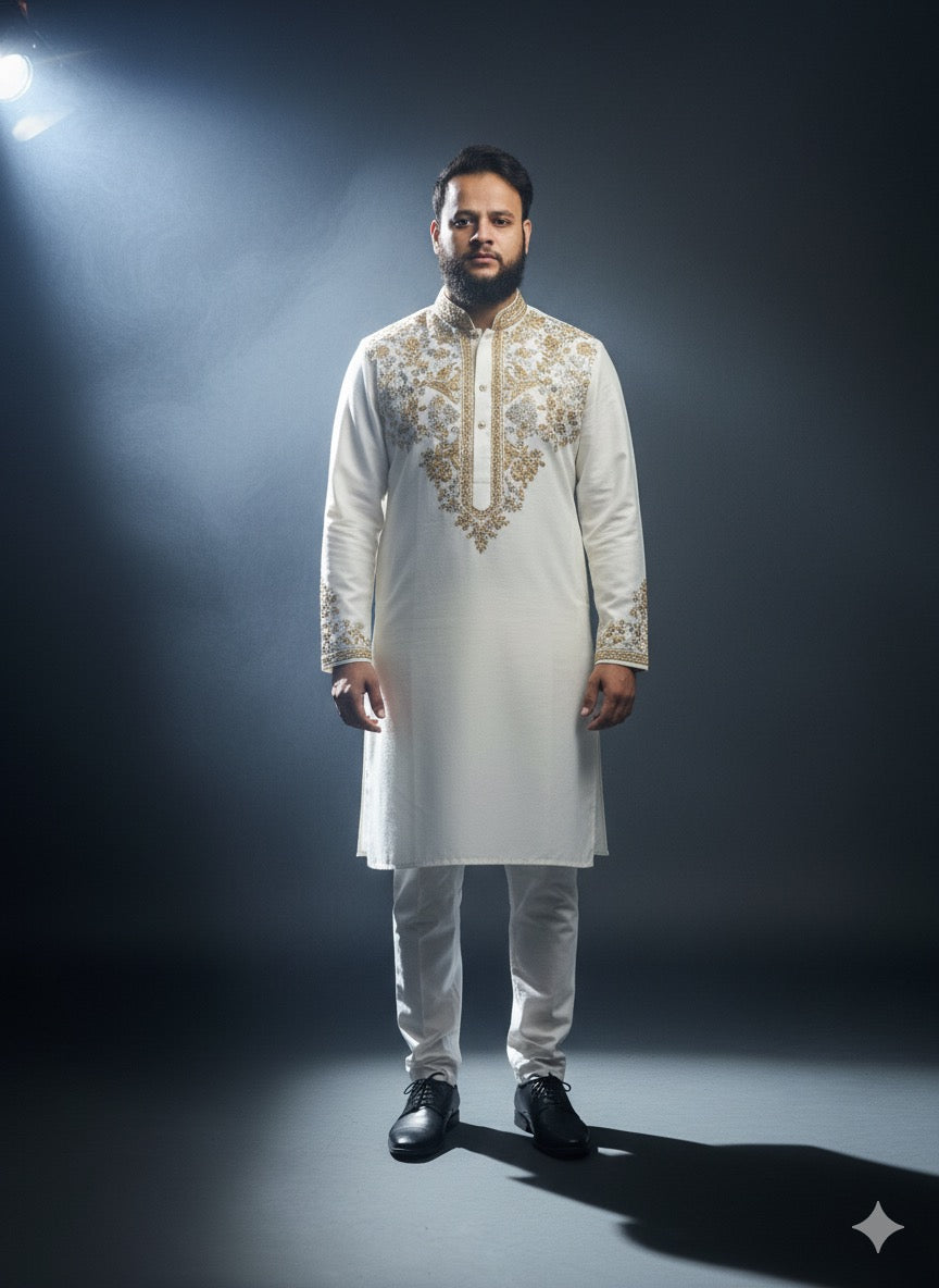 Indian groom outfit white kurta pajama with gold embroidery