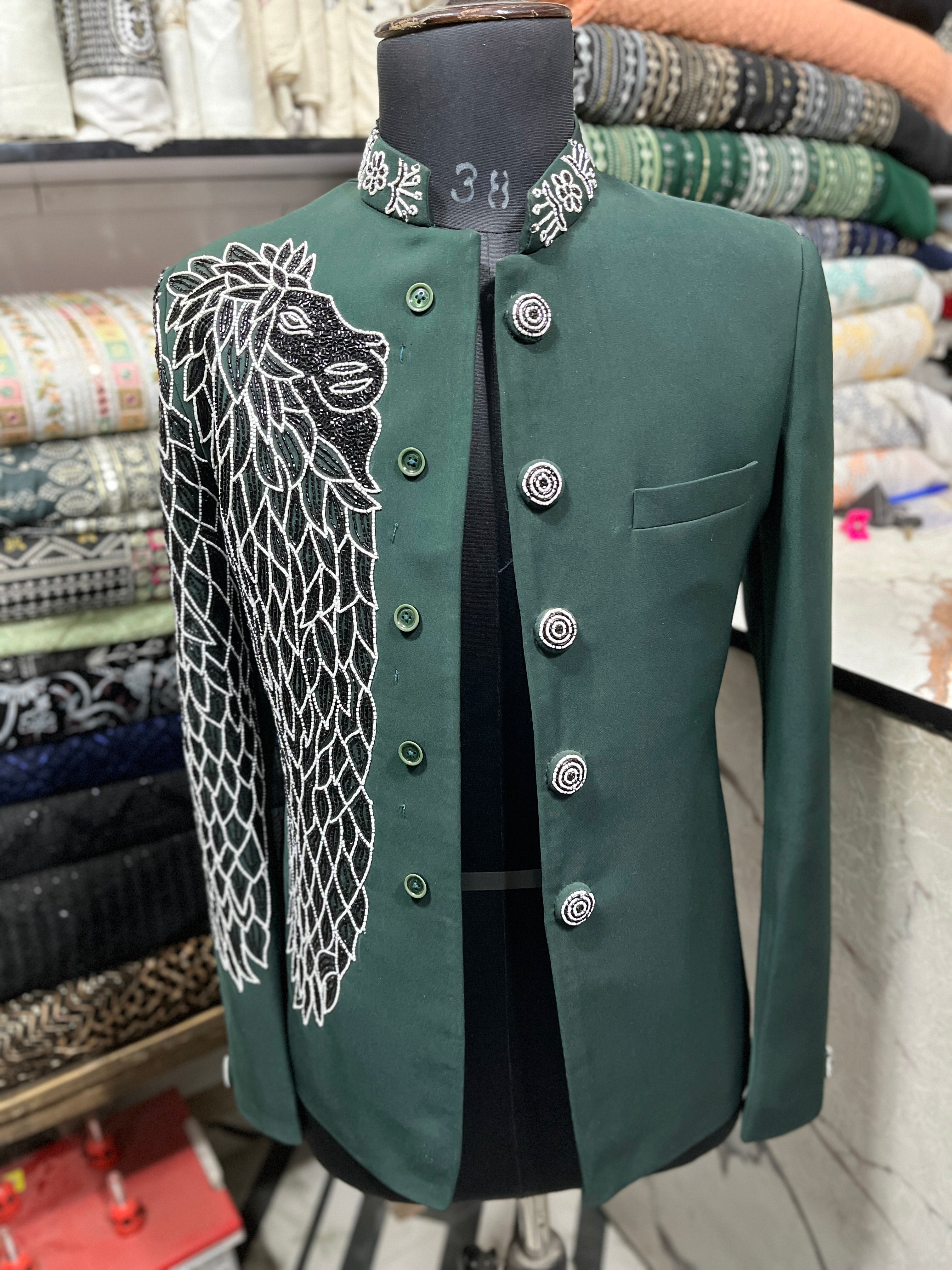 Men's Green Handcrafted Cut Work Embroidery Bandhgala Suit