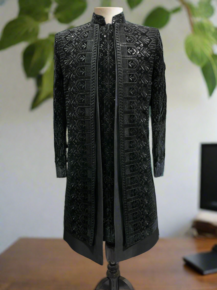 Elegant Black Velvet Open Indo-Western Set for Men by KPH Outfits