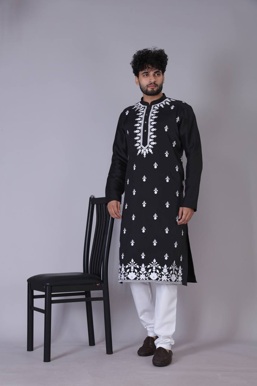 Men's Black Stylish Embroidery kurta Set