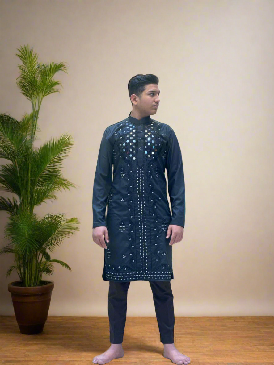 "Elegant black mirror kurta for weddings"
