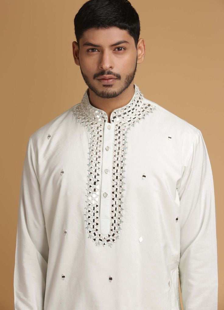 Men's Ivory Real Mirror Neck Design kurta  Set