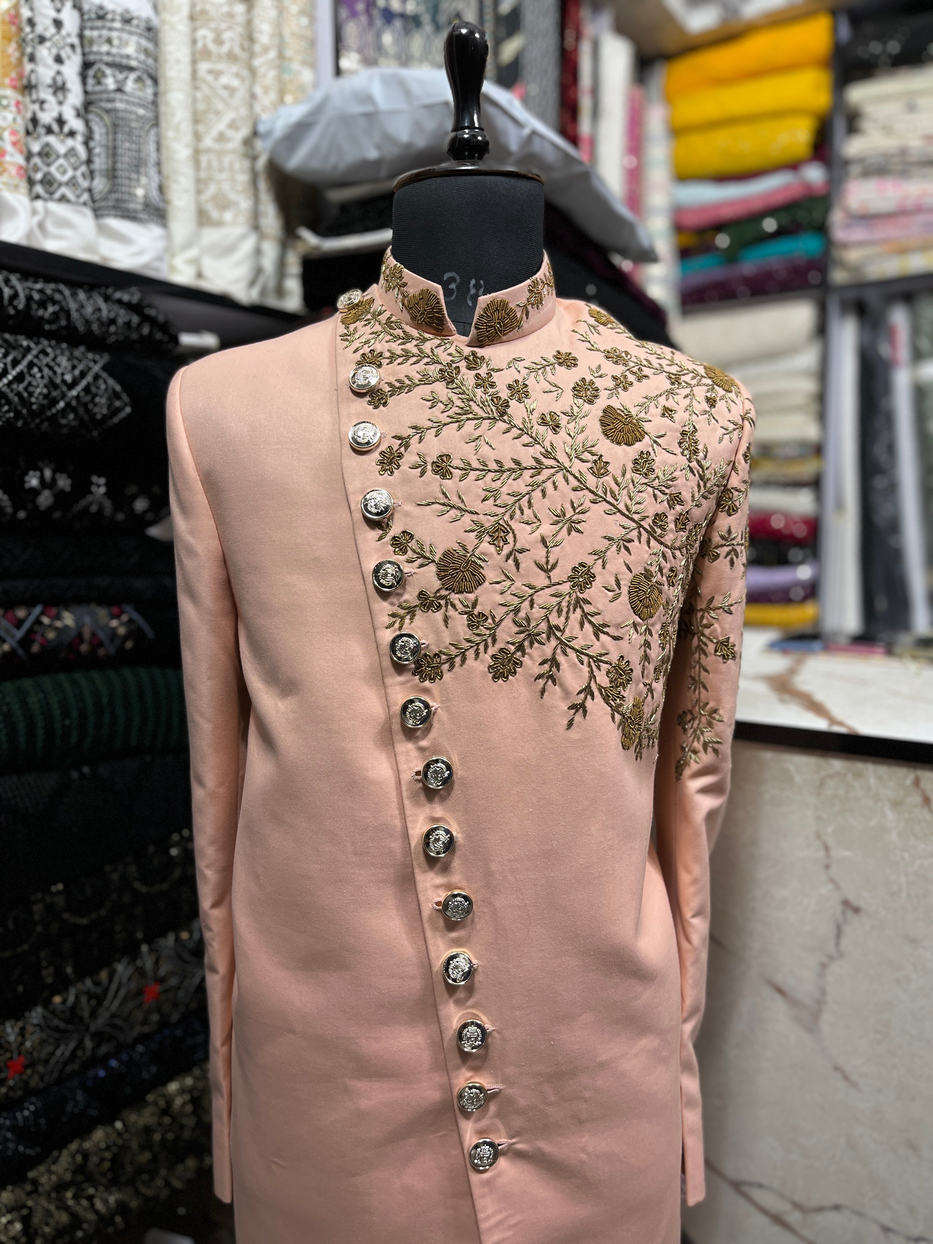 Men's Peach Handcrafted Zardozi Work Sherwani Set