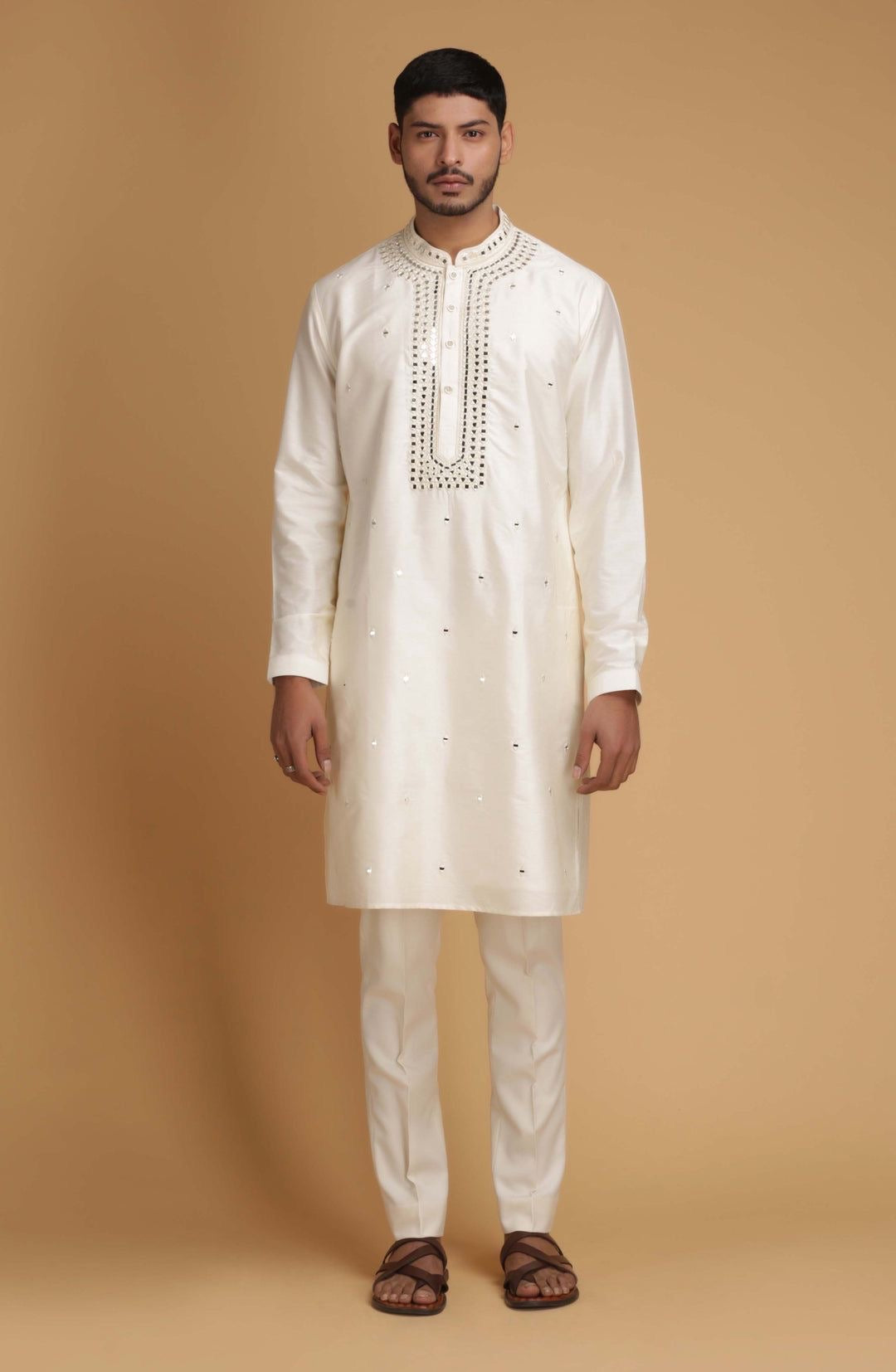 Men's Ivory Real Mirror Neck Design kurta  Set