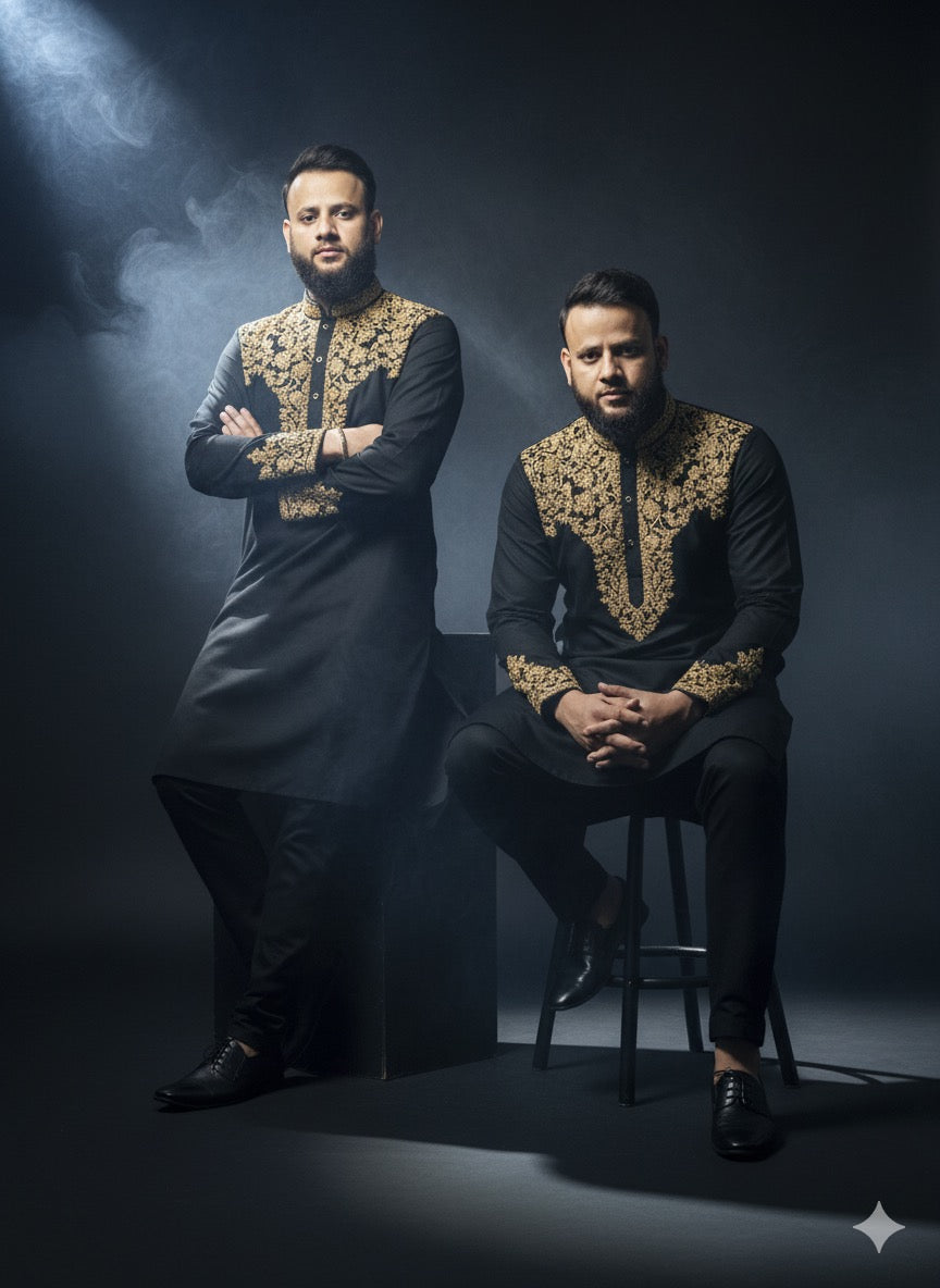Black kurta set with golden embroidery for men – KPH Outfits designer wear